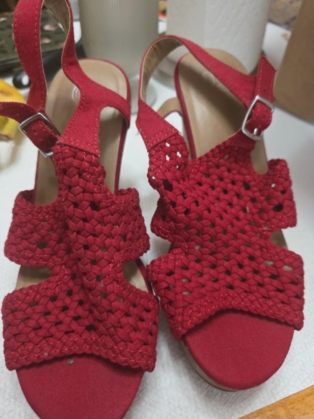 SO Red Woven Slingback Sandals